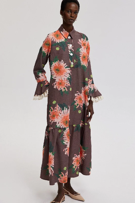 FLORAL PATTERNED NATURAL TEXTURED DRESS