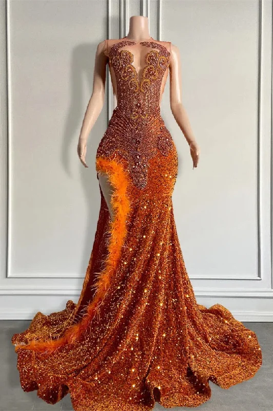 Mermaid Style Burnt Orange Sequins Formal Dresses with Side Slit Long Length Beadings and Feathers