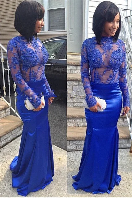 Royal Blue Stretch Satin Mermaid Evening Gowns Long Sleeve Appliques Prom Dresses BA2704 Royal Blue Stretch Satin Mermaid Evening Gowns Long Sleeve Appliques Prom Dresses BA2704