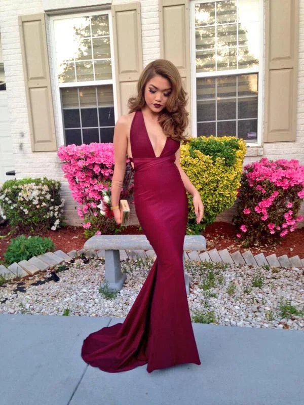 Sexy Burgundy V-Neck Mermaid Beach Evening Dresses Sweep Train Glamorous Prom Dresses for Summer CJ0224 Sexy Burgundy V-Neck Mermaid Beach Evening Dresses Sweep Train Glamorous Prom Dresses for Summer CJ0224