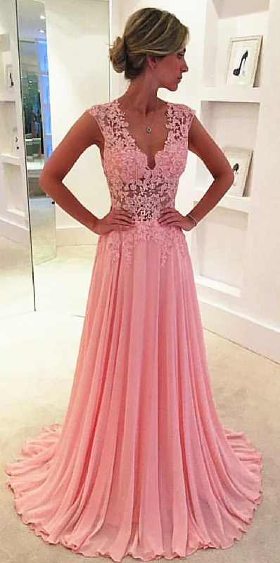 V-neck Pink  Long Prom Dresses Elegant Popular Evening Dress CE043