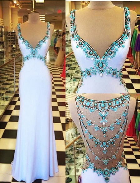 White  Prom Dresses Turquoise Crystals Open Back Evening Gowns