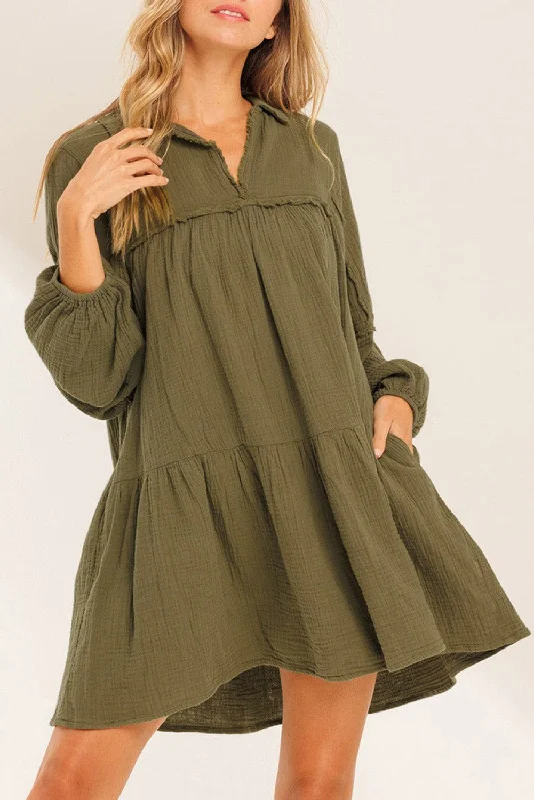 Blue Zone Planet |  Green Frayed Trim Split Neck Puff Sleeve Flared Dress