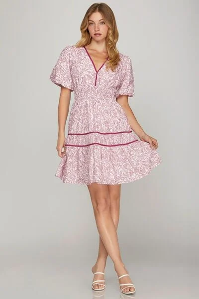 Printed V-Neck Puff Sleeve Tiered Dress