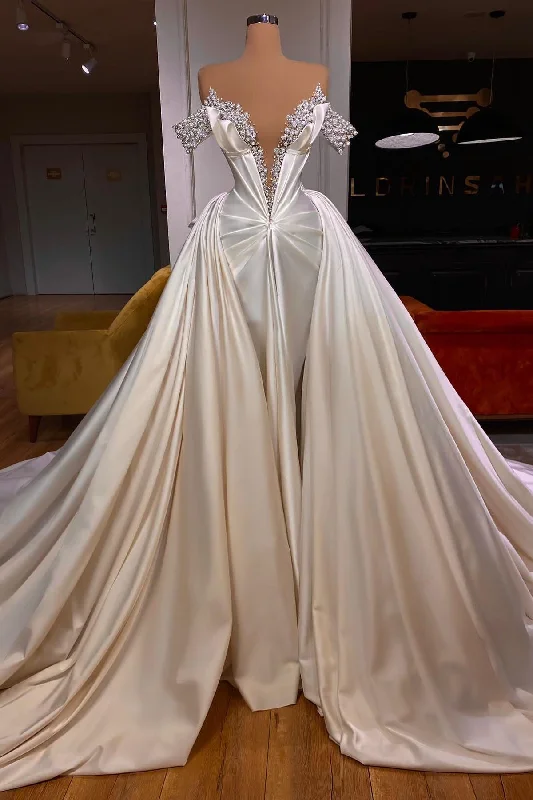 Modern V-Neck Off-The-Shoulder Satin Prom Dresses with Beads