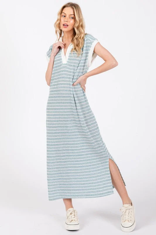 Knit Striped Collared V-neck Dress