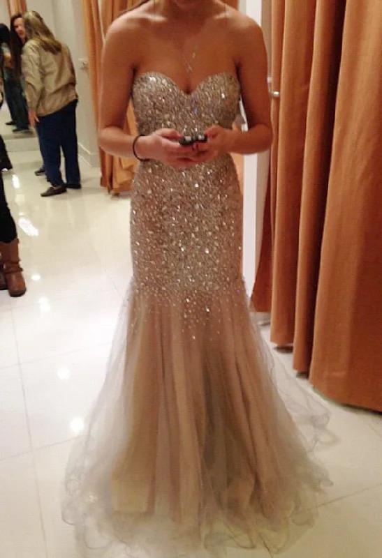 Sweetheart Champagne Evening Dresses  Sparkly Crystals Sexy Prom Gowns