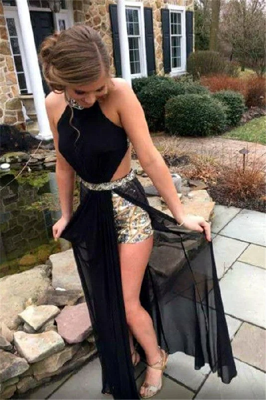 Sexy Black Prom Dress  Side Slit Halter Cutaway Evening Gowns with Crystals