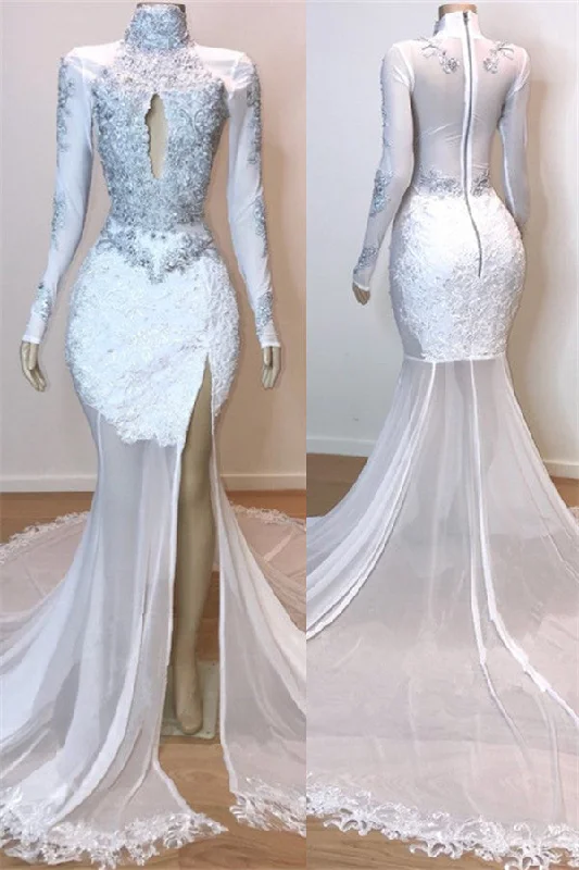 Sexy Side Slit Sheer Tulle Prom Dress On Mannequins | Long Sleeve Beads Appliques Evening Gowns  BC1180