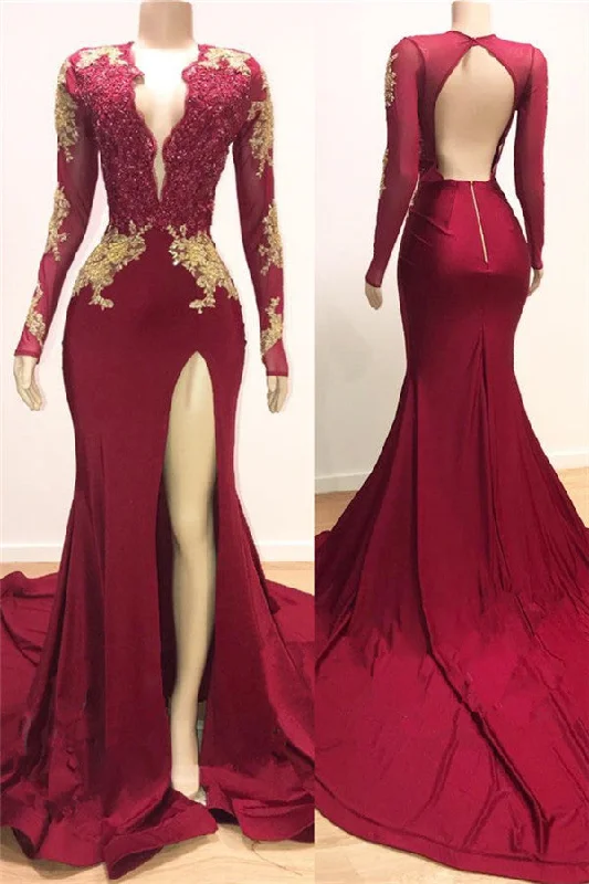 Open Back V-neck Long Sleeve Prom Dresses | Gold Lace Appliques Sexy Slit Evening Gowns BC0534 Open Back V-neck Long Sleeve Prom Dresses | Gold Lace Appliques Sexy Slit Evening Gowns BC0534