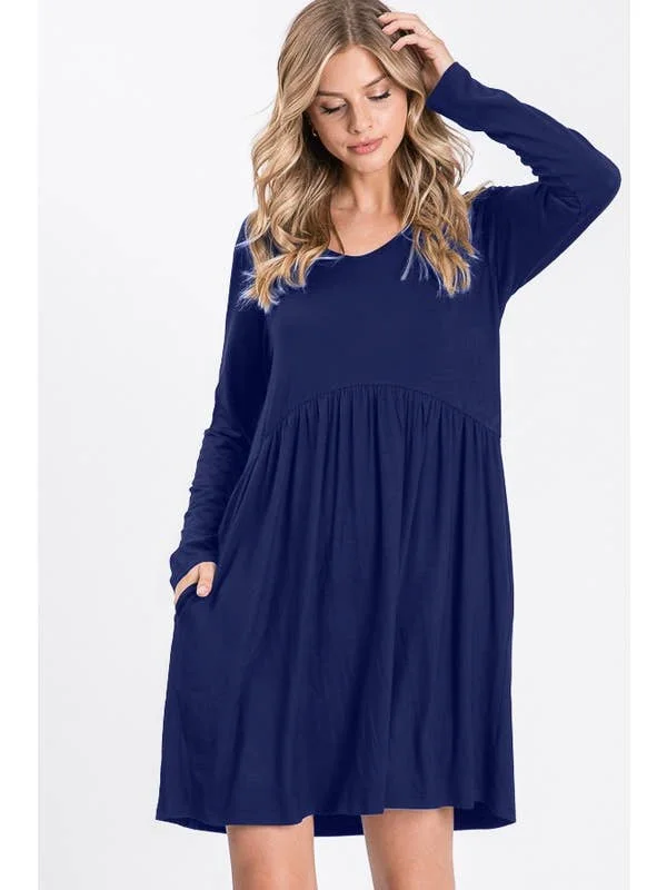 Long Sleeve Solid Empire Waist Dress w/ Pockets