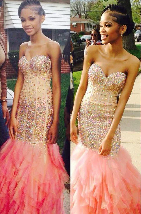 Sheath Sweetheart Strapless Prom Dresses  Ruffles Tulle Crystals Evening Dress