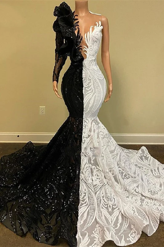 Black and White Mermaid Prom Dress Lace Dress One Shoulder Long Sleeves