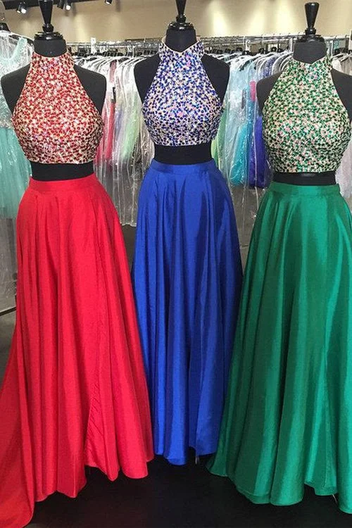 Sexy Two Piece Evening Gowns Halter Backless Prom Dress  with Beads