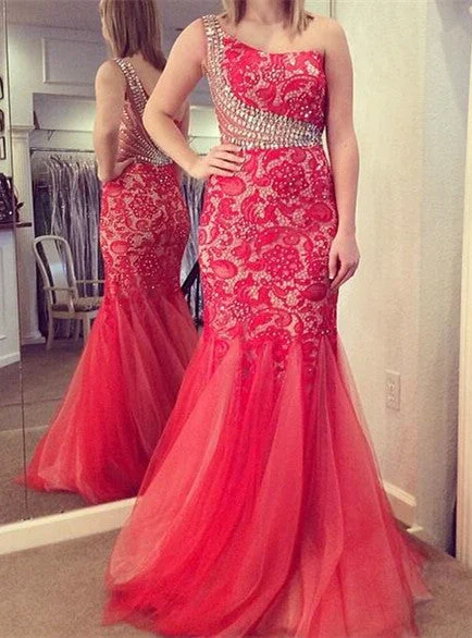 One Shoulder  Prom Dress Mermaid Lace Tulle Crystals Evening Dress Long