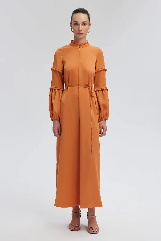 BELTED BALLOON SLEEVE SATIN DRESS