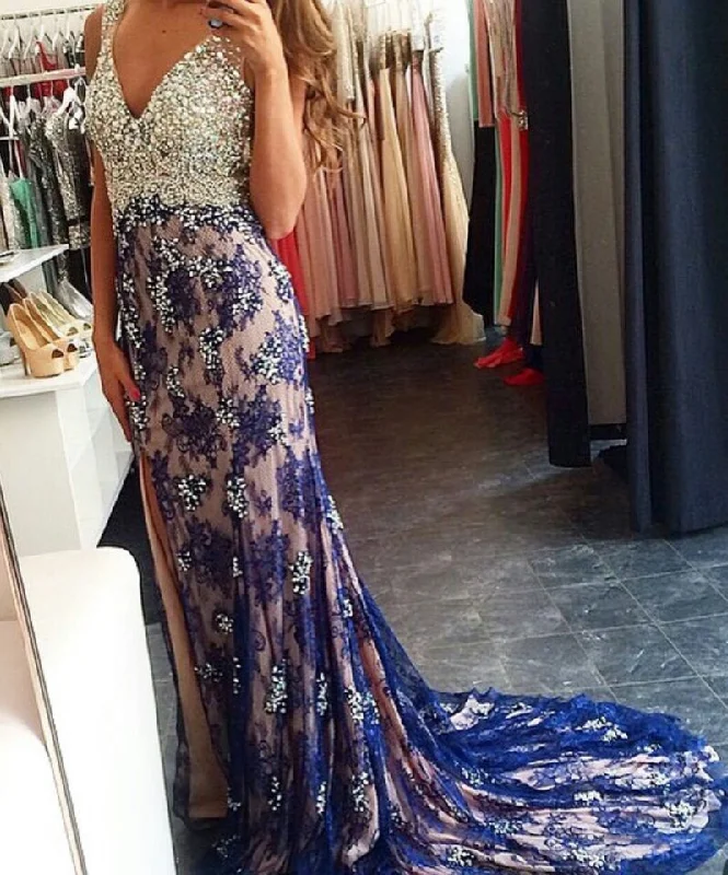 New Arrival Crystal V-Neck  Prom Dress Lace Applique Split Formal Occasion Dresses