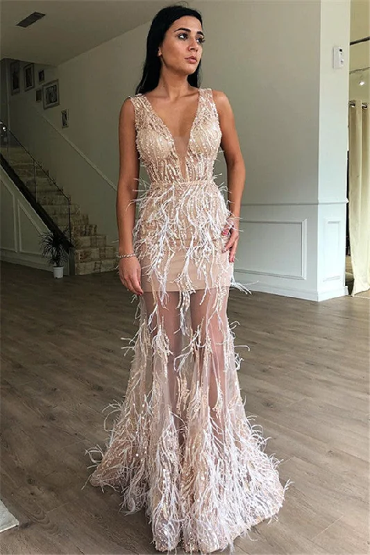 Sleeveless V-Neck Mermaid Feather Modest Prom Dresses