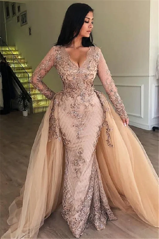 Elegant V-Neck Long Sleeves Tulle Evening Dresses | Sexy Mermaid Appliques Prom Dresses with Detachable Skirt BC0179 Elegant V-Neck Long Sleeves Tulle Evening Dresses | Sexy Mermaid Appliques Prom Dresses with Detachable Skirt BC0179