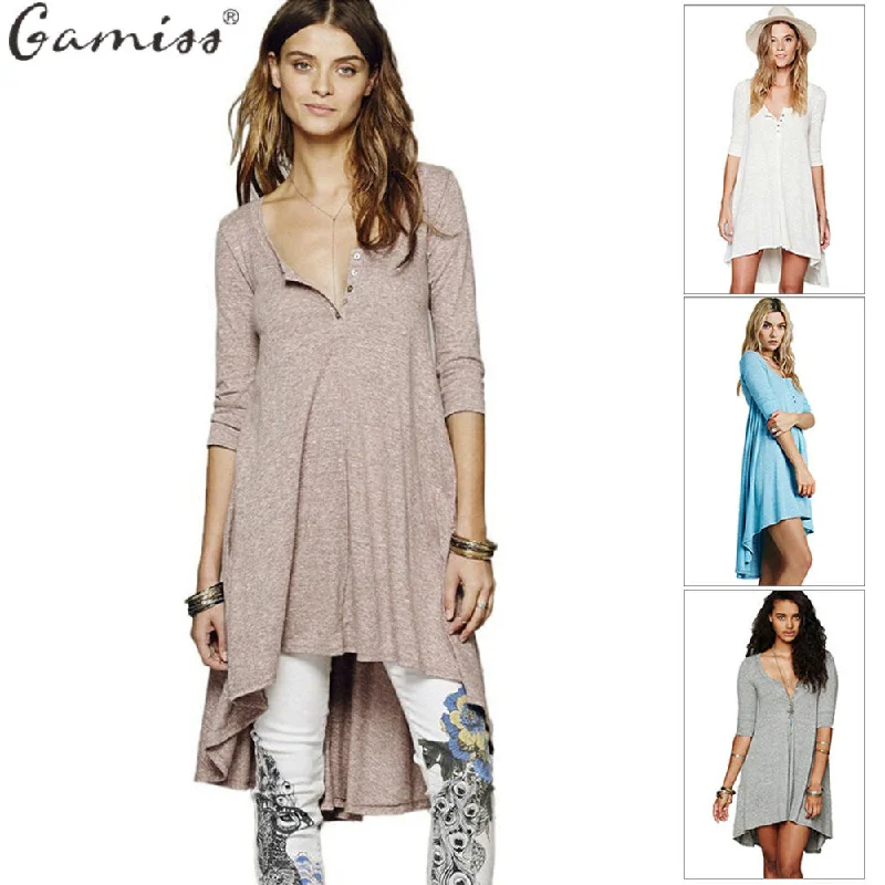 Gamiss 2016 Casual Round Collar Front Single-breasted Irregular Woman Dress Summer Autumn Solid Color Knee-Length Cotton Dresses Gamiss 2016 Casual Round Collar Front Single-breasted Irregular Woman Dress Summer Autumn Solid Color Knee-Length Cotton Dresses