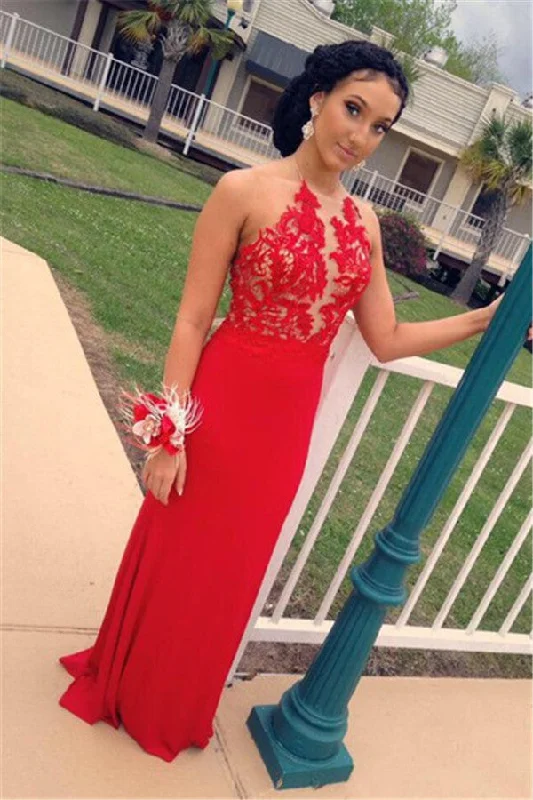 Latest  Sexy Red Evening Dresses Backless Sheer Lace Prom Gowns