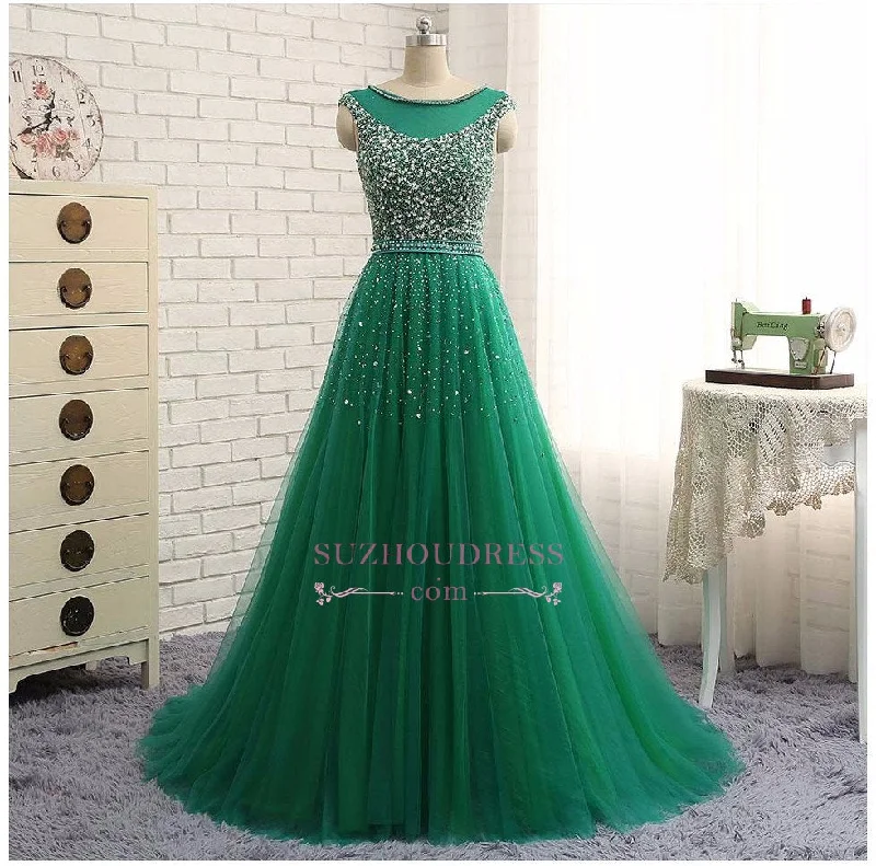 Glamorous Sleeveless Tulle Beaded A-Line Green Scoop Prom Dresses