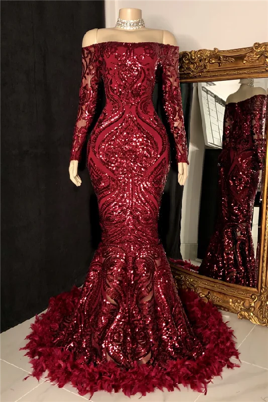 Off The Shoulder Burgundy Prom Dresses with Feather | Long Sleeve Sparkle Lace Mermaid Evening Gowns Off The Shoulder Burgundy Prom Dresses with Feather | Long Sleeve Sparkle Lace Mermaid Evening Gowns