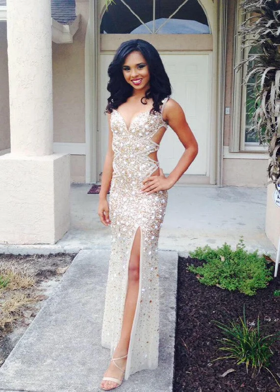 Sparkly Beads Crusyals Prom Dresses Side Slit Cutaway Evening Dress BA4156