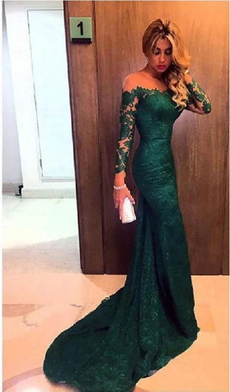 Dark Green Prom Dresses Long Sleeve Lace Sheath Evening Gown Bag258
