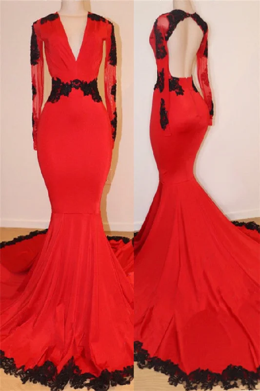 Open Back Red Prom Dresses with Black Lace Appliques | V-neck Long Sleeve Sexy Mermaid Graduation Dress Open Back Red Prom Dresses with Black Lace Appliques | V-neck Long Sleeve Sexy Mermaid Graduation Dress