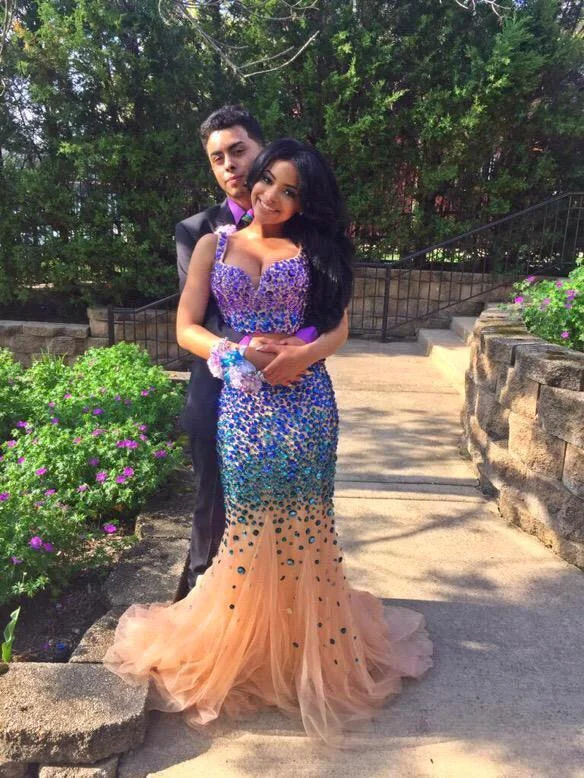 Sexy Mermaid Crystal Evening Gowns Spaghetti Strap Two Piece  Prom Dresses AE0110
