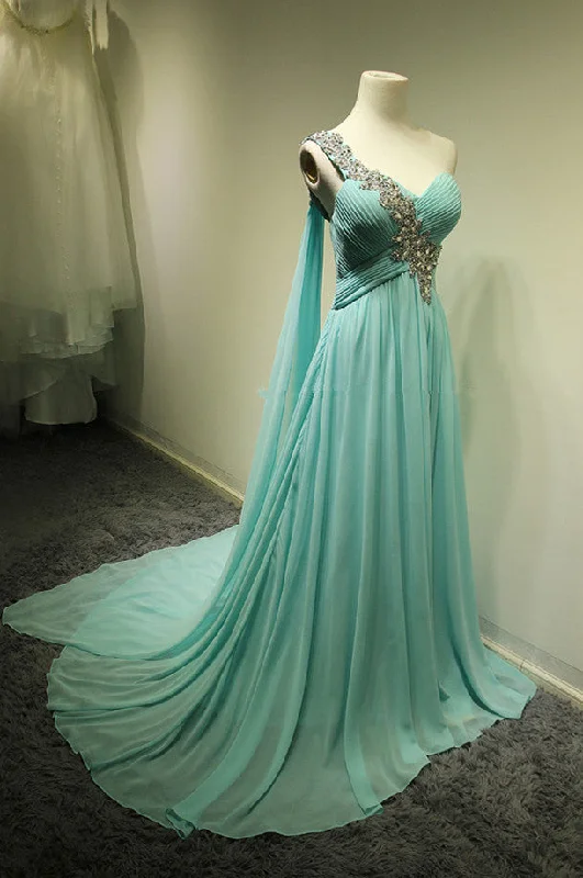 One Shoulder Tiered Green Evening Dresses Popular Elegant Long Train Crystal long Prom Dress One Shoulder Tiered Green Evening Dresses Popular Elegant Long Train Crystal long Prom Dress