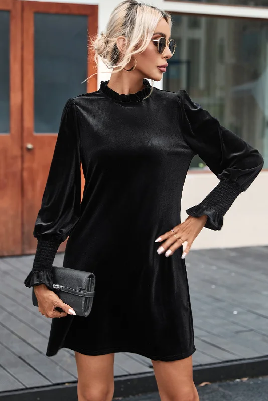 Blue Zone Planet |  Black Velvet Frill Neck Long Sleeve Shift Dress