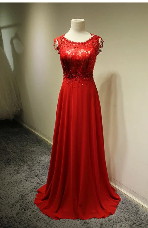 Red Elegant Lace  Evening Dresses Sweep Train Zipper Beading Prom Gowns