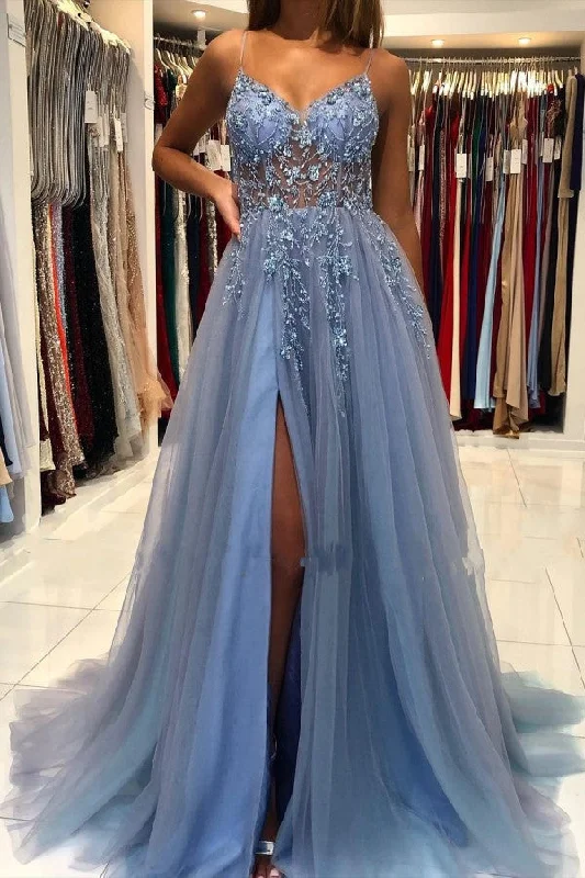 Breath-taking Sleeveless Tulle Ocean Blue Split  Appliques Prom Dresses