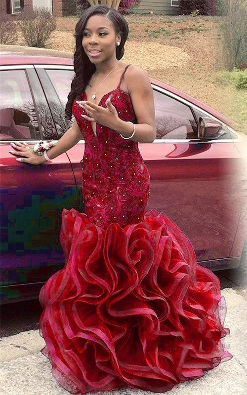 Spaghetti Straps Organza Ruffles Sexy Evening Dresses Backless V-neck Prom Gowns  BA2774