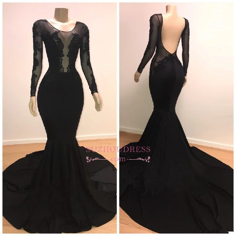 Classical Black Crew Open Back Long Sleeves Prom Dresses | Mermaid Appliques Sweep Train Evening Gown BC0872 Classical Black Crew Open Back Long Sleeves Prom Dresses | Mermaid Appliques Sweep Train Evening Gown BC0872