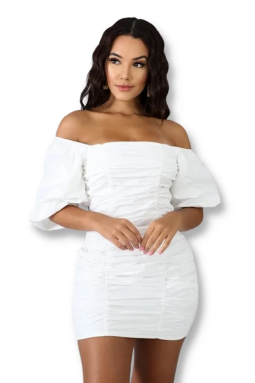 Ivory Ruched Balloon Sleeve Dress