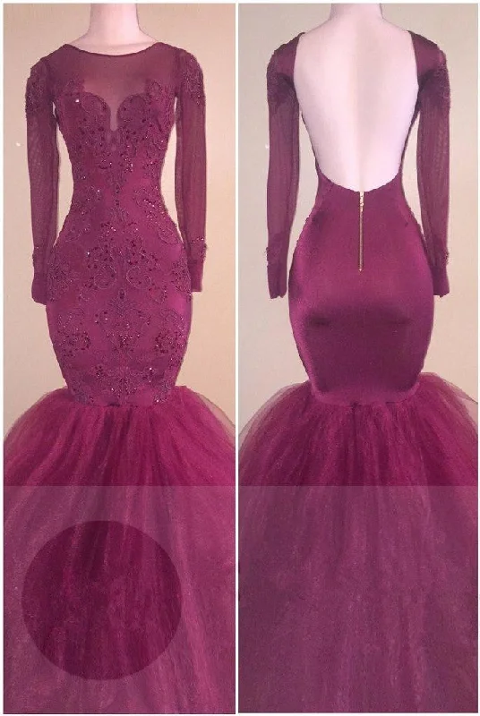 Tulle  Backless Appliques Elegant Long-Sleeves Mermaid Prom Dress