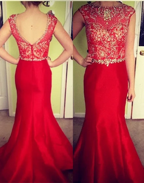 Ruby Mermaid Beading  Evening Dresses Cap Sleeve Charming Crystal Prom Dresses