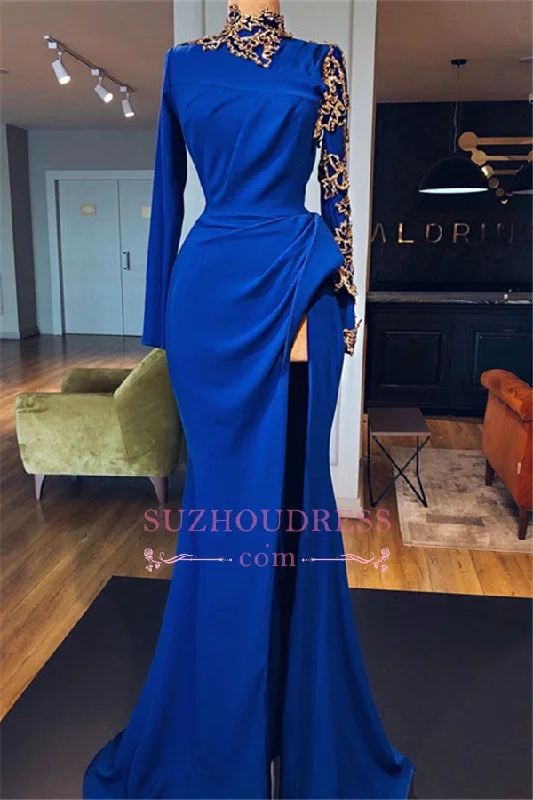 Royal-Blue High Neck Long-Sleeves Evening Dresses | Gold Appliques Side-Slit Prom Dresses