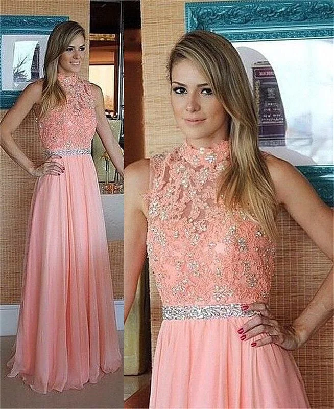 Pink Lace Chiffon  Prom Dress High Neck Evening Dress with Crystal Belt