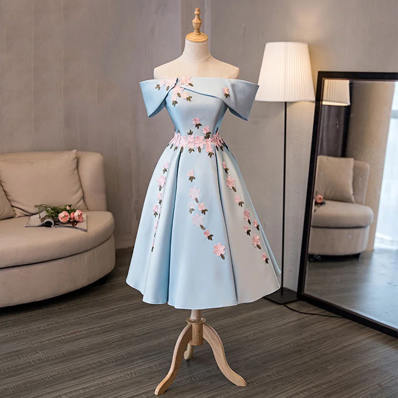Sweet, off shoulder cocktail dress, student graduation gown
