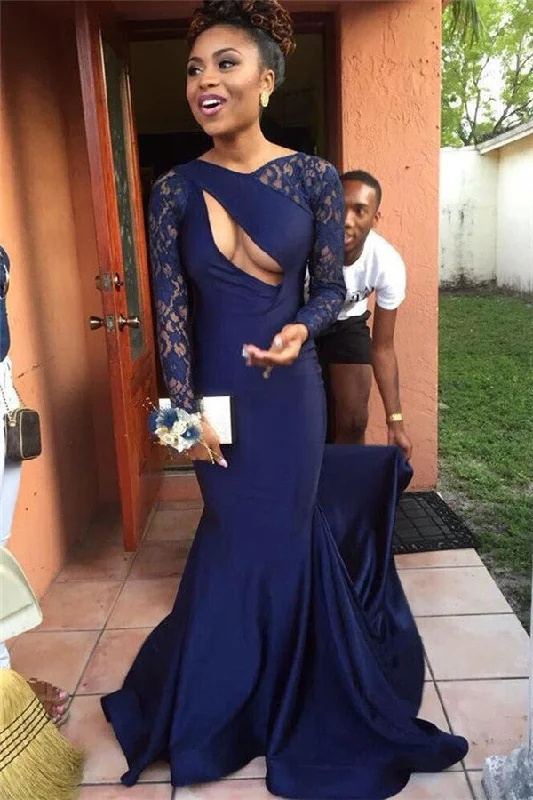 Navy Lace Long Sleeve Prom Dresses Sexy Keyhole Satin Open Back Evening Dress CE0034 Navy Lace Long Sleeve Prom Dresses Sexy Keyhole Satin Open Back Evening Dress CE0034