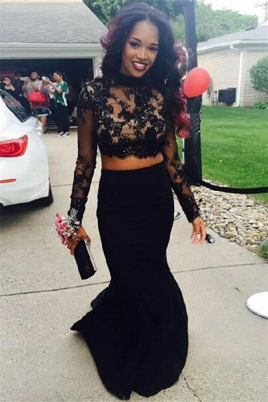 Long Sleeve Two Pieces Prom Dresses  Black Lace Mermaid High Neck Evening Gowns CE0038