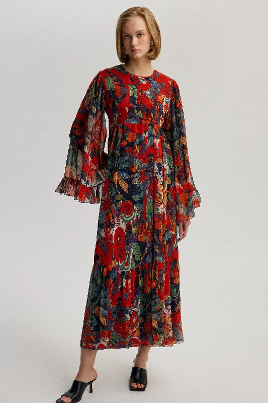 PATTERNED CHIFFON DRESS WITH RUFFLE DETAIL