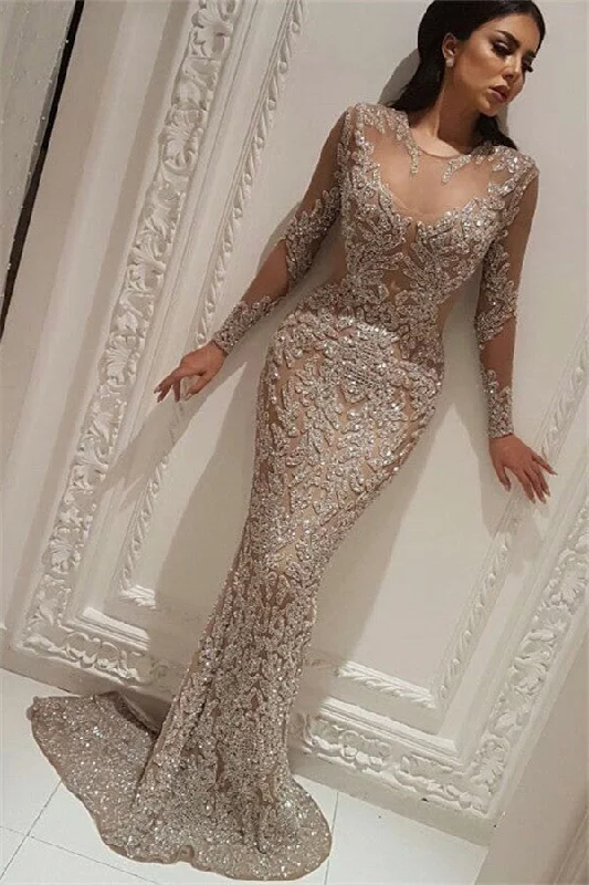 Long Sleeve Sparkly Prom Dresses | Sexy Mermaid Beads Evening Gowns with Nude Lining BC0528 Long Sleeve Sparkly Prom Dresses | Sexy Mermaid Beads Evening Gowns with Nude Lining BC0528