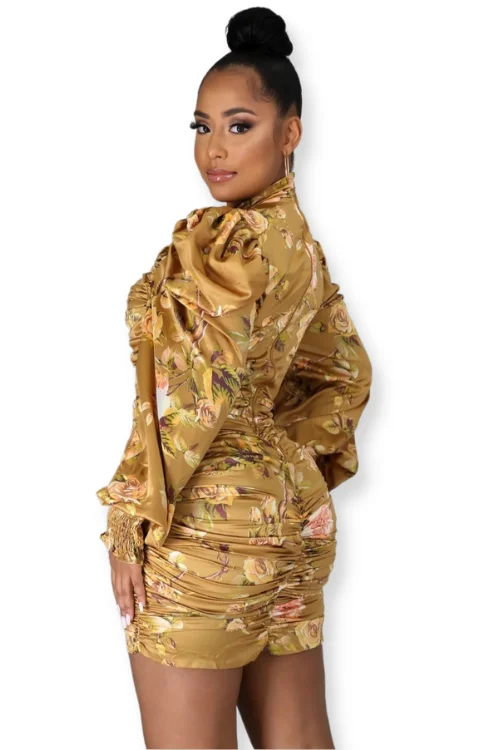 Golden Flowers Ruched Dress