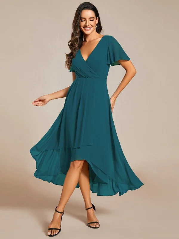 Lana | Flowy Ruffles Sleeve V-Neck A-Line Midi Chiffon Wedding Guest Dress