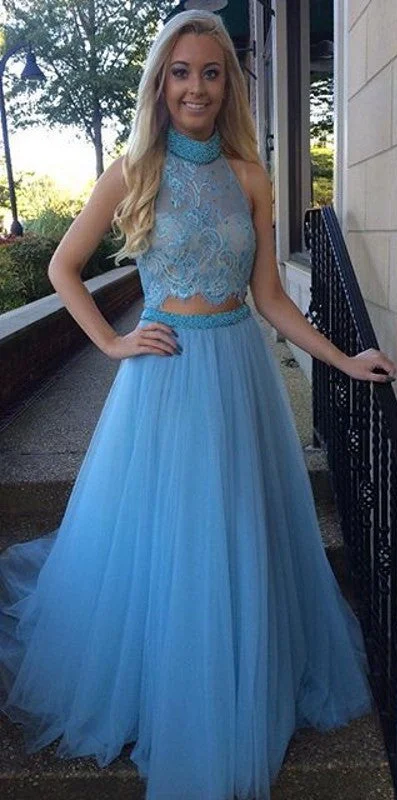 Gorgeous High Collar Two Piece Prom Dress Beading Handmade Tulle Evening Gown